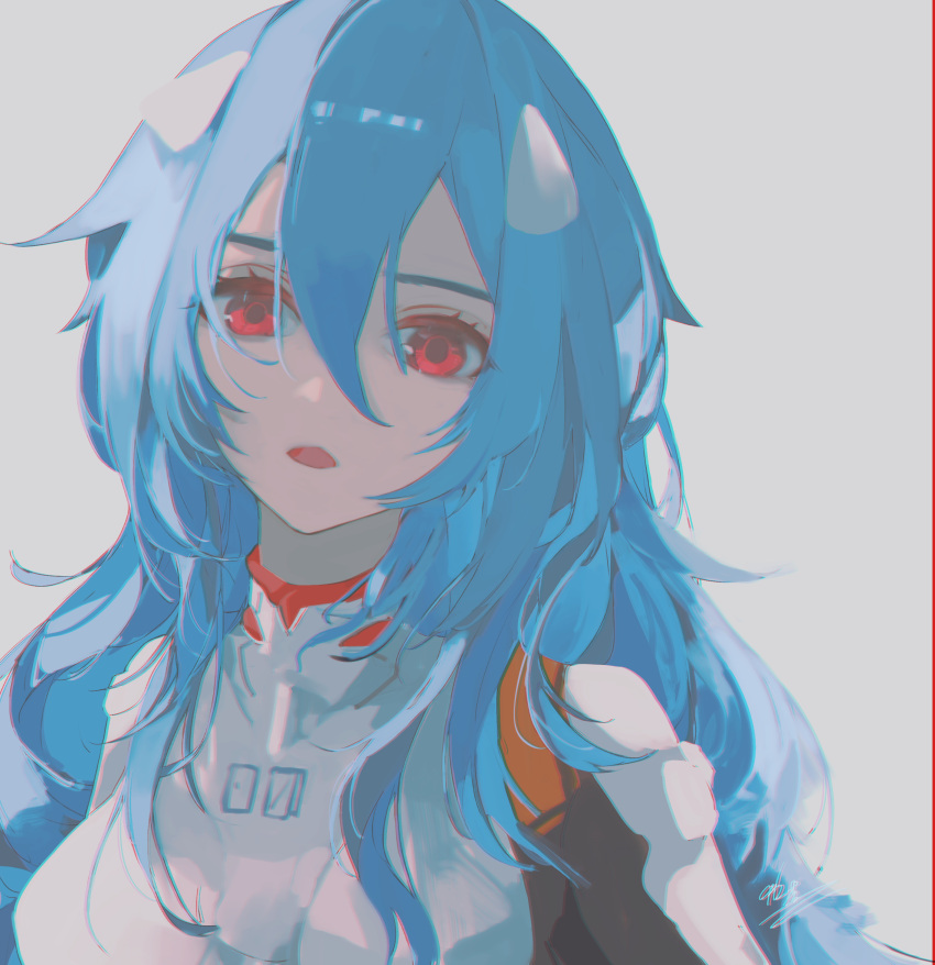 1girl 96yottea absurdres ayanami_rei bangs blue_hair bodysuit chromatic_aberration expressionless hair_between_eyes highres long_hair looking_at_viewer neon_genesis_evangelion open_mouth plugsuit portrait red_eyes signature simple_background solo wavy_hair white_background white_bodysuit