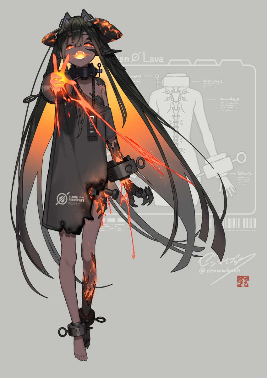 1girl asymmetrical_limbs black_hair chain claws collar colored_inner_hair commentary_request cracked_skin cuffs dark-skinned_female dark_skin fangs full_body glowing glowing_eyes glowing_hair glowing_hand glowing_mouth grey_background highres horns id_card long_hair mechanical_spine multicolored_hair orange_eyes orange_hair original shackles slit_pupils solo two-tone_hair very_long_hair zenmaibook