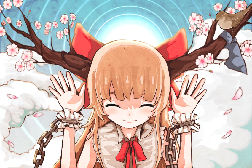 1girl bangs bird blonde_hair blue_bow blunt_bangs bow bowtie brown_horns closed_eyes closed_mouth commentary_request flat_chest hair_bow hakurou_(3941341) highres horn_bow horn_ornament horns ibuki_suika long_hair petals red_bow red_bowtie shirt sleeveless sleeveless_shirt smile solo sparrow touhou upper_body white_shirt wooden_horns wrist_cuffs