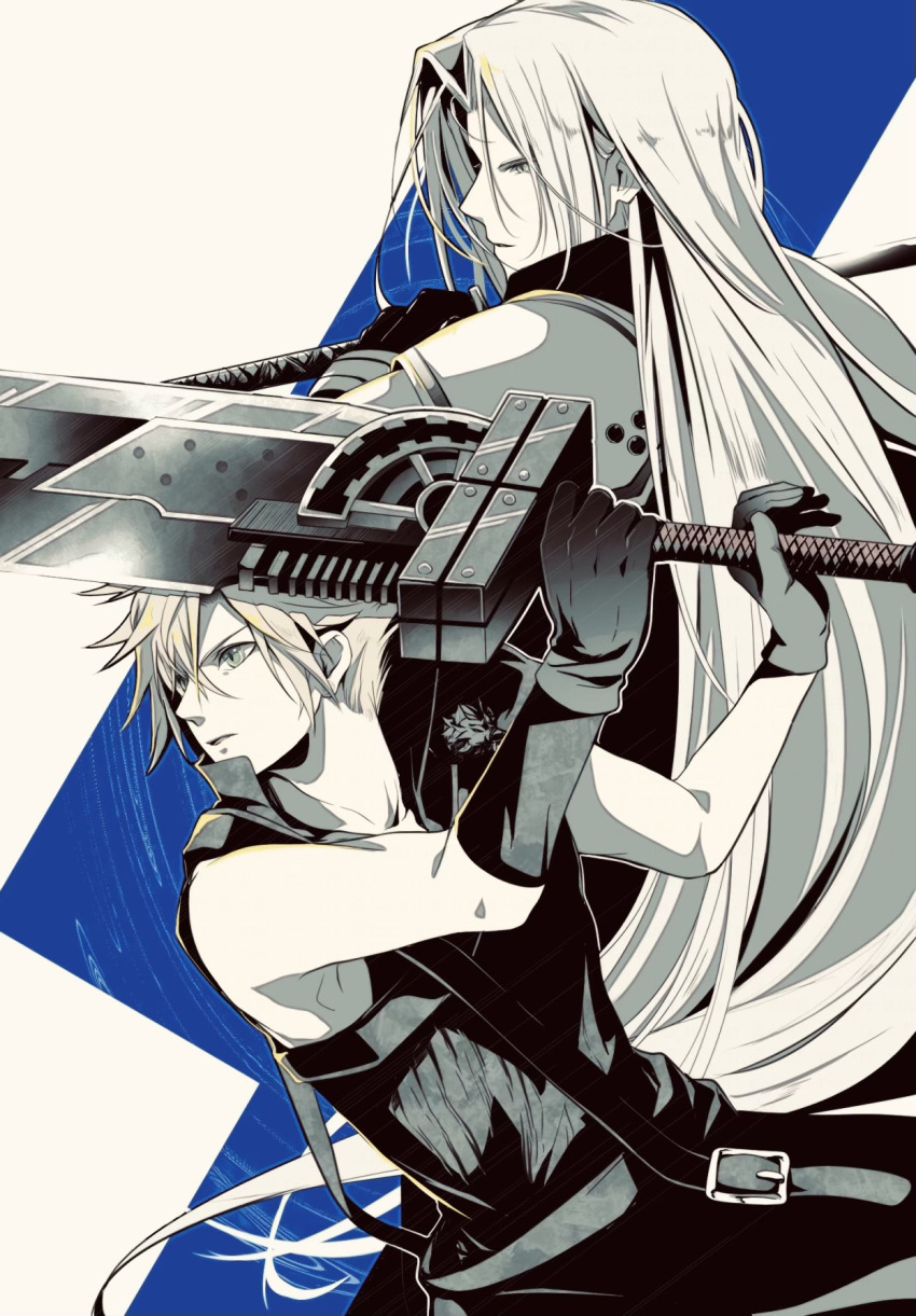 2boys armor bangs black_gloves black_jacket cloud_strife final_fantasy final_fantasy_vii final_fantasy_vii_advent_children first_ken fusion_swords gloves hair_between_eyes highres holding holding_sword holding_weapon i_ne_rrr jacket limited_palette long_hair looking_to_the_side male_focus masamune_(ff7) multiple_boys parted_bangs parted_lips sephiroth shirt short_hair shoulder_armor shoulder_strap sleeveless sleeveless_shirt spiky_hair sword weapon wolf