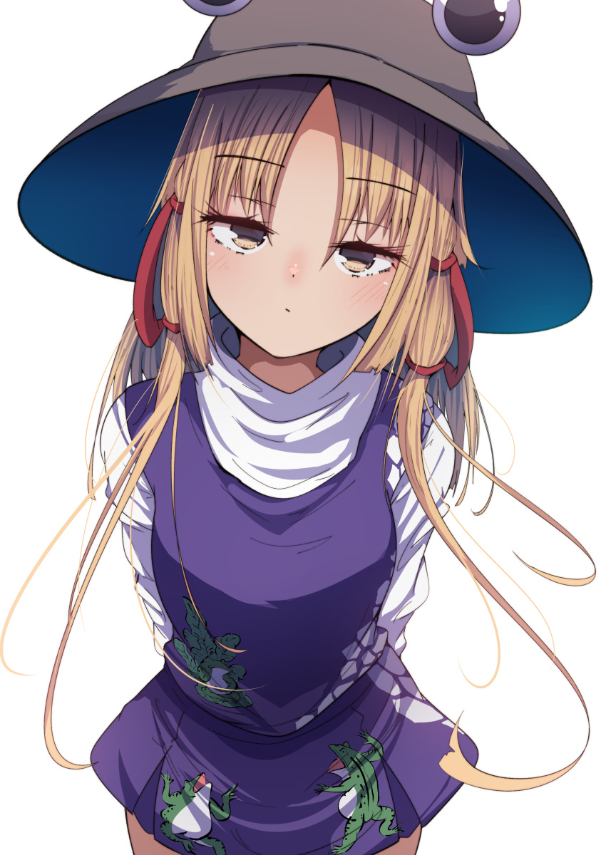 1girl absurdres animal_print bangs blonde_hair darumoon frog frog_print hair_ribbon highres long_sleeves medium_hair moriya_suwako parted_bangs purple_skirt purple_vest pyonta red_ribbon ribbon shirt simple_background skirt skirt_set sleeves_past_wrists solo thigh-highs touhou turtleneck vest white_background white_shirt wide_sleeves yellow_eyes