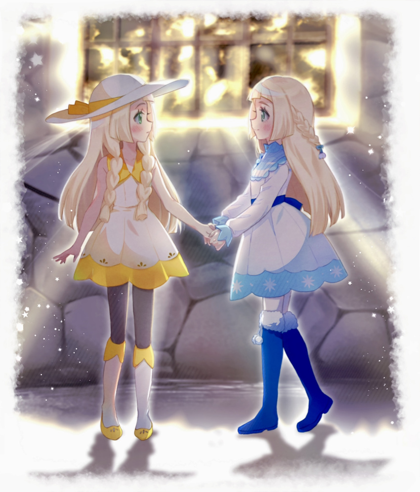 2girls abe_(kumayu) absurdres blonde_hair blue_footwear blush boots braid closed_mouth commentary_request dress eye_contact eyelashes green_eyes hat hat_ribbon highres holding_hands lillie_(pokemon) long_hair looking_at_another multiple_girls pantyhose pokemon pokemon_(anime) pokemon_journeys ribbon shoes sleeveless sleeveless_dress smile socks standing white_dress white_headwear window yellow_footwear yellow_ribbon