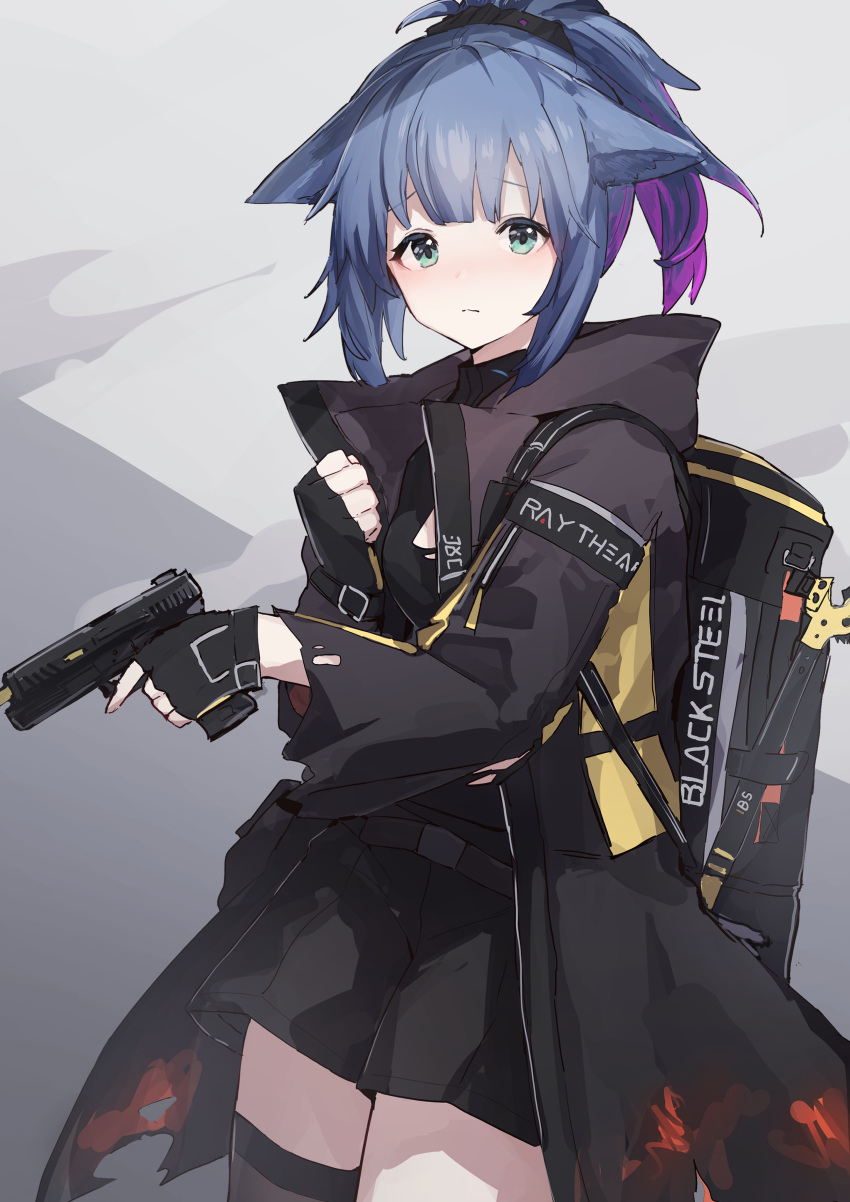 1girl absurdres animal_ears aqua_eyes arknights bangs black_coat black_shorts blue_hair cat_ears coat cowboy_shot grey_background gun handgun highres holding holding_gun holding_weapon jessica_(arknights) looking_at_viewer multicolored_hair open_clothes open_coat ponytail purple_hair shiratakiseaice short_hair shorts solo standing weapon