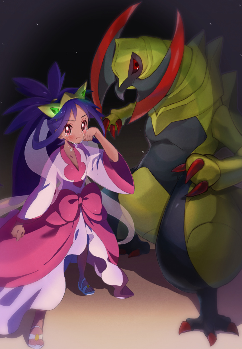 1girl abe_(kumayu) absurdres bangs black_background blush claws closed_mouth commentary_request crying dark-skinned_female dark_skin eyelashes hand_up haxorus highres iris_(pokemon) long_hair pokemon pokemon_(anime) pokemon_(creature) pokemon_journeys purple_hair sad sandals shirt skirt standing tears tiara v-neck wide_sleeves