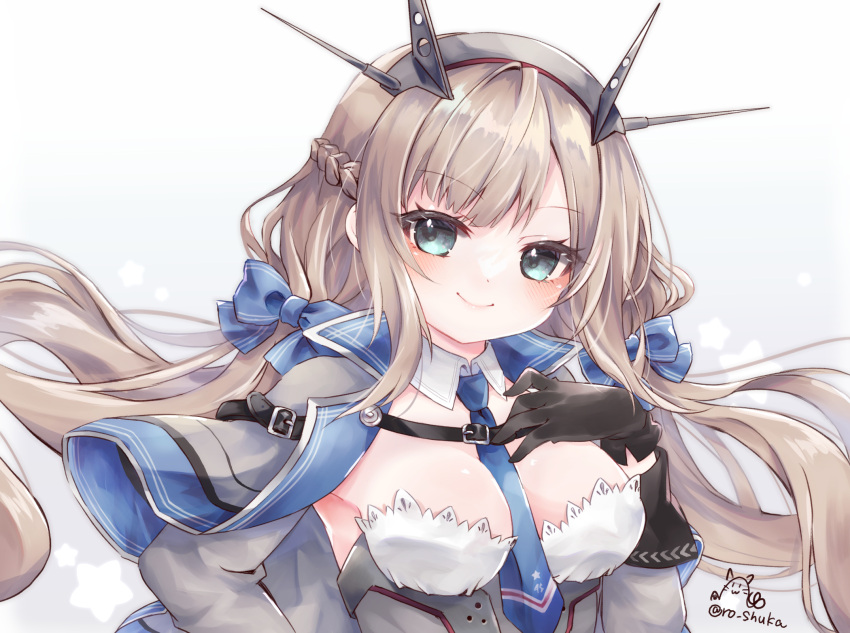 1girl between_breasts black_gloves blue_bow blue_capelet blue_necktie bow braid breasts capelet dress french_braid gloves green_eyes grey_capelet grey_dress hair_bow headgear highres kantai_collection light_brown_hair long_hair low_twintails maryland_(kancolle) medium_breasts multicolored_capelet necktie necktie_between_breasts nekomoto smile solo twintails