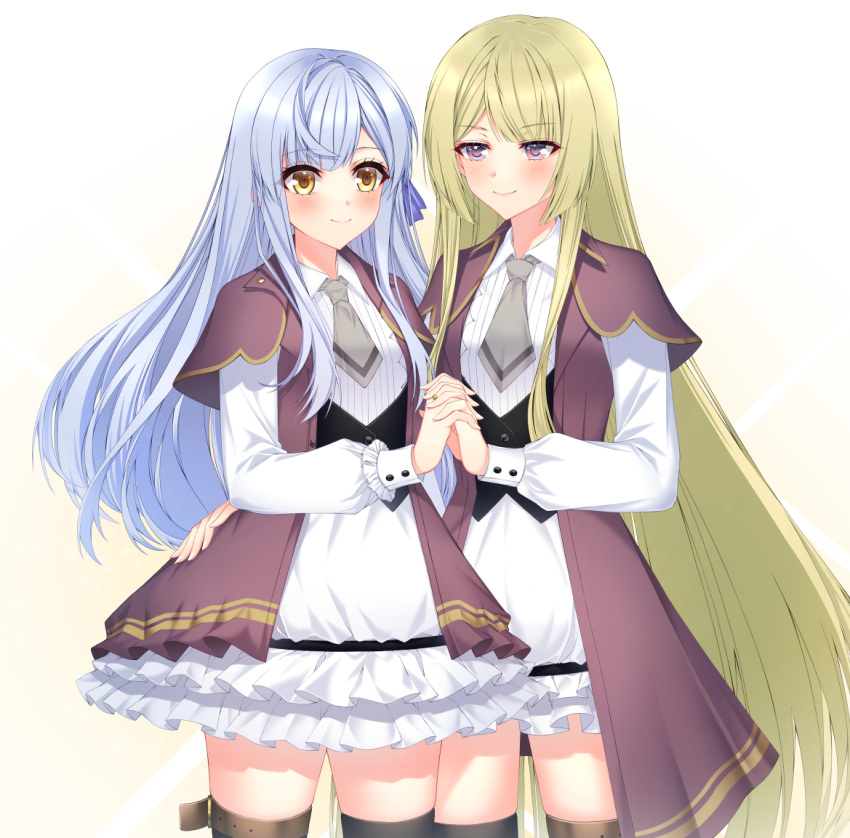 2girls arm_around_waist assault_lily bangs belt black_thighhighs blonde_hair blunt_bangs blush brown_belt brown_coat brown_jacket buttons closed_mouth coat collared_dress commentary cowboy_shot dress english_commentary fingernails frilled_dress frilled_sleeves frills gradient gradient_background grey_hair grey_necktie hair_ribbon hand_on_another's_hip hand_up holding_hands interlocked_fingers jacket jewelry kon_kanaho layered_sleeves long_hair long_sleeves looking_at_viewer miyagawa_takane multiple_girls necktie official_alternate_costume open_clothes open_coat open_jacket piiroinardesco purple_ribbon ribbon ring short_dress short_necktie short_sleeves side-by-side sidelocks smile standing thigh-highs thigh_belt thigh_strap underbust very_long_hair violet_eyes wavy_hair white_background white_dress yellow_background yellow_eyes yuri zettai_ryouiki