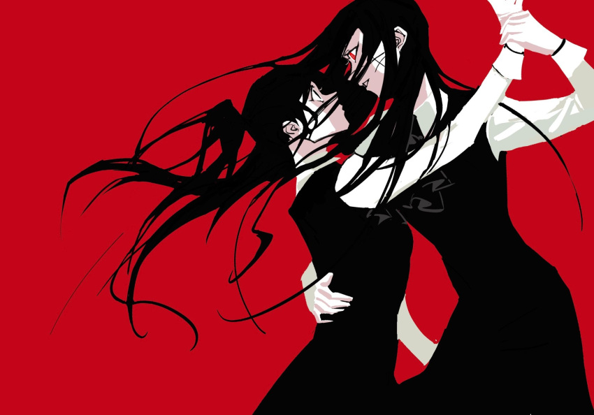 2girls black_dress black_hair chainsaw_man collared_shirt curtsey dress highres holding_another's_wrist junjungua long_hair looking_at_another mitaka_asa multiple_girls red_background red_eyes scar scar_on_face shirt simple_background surprised torso_grab war_devil_(chainsaw_man)