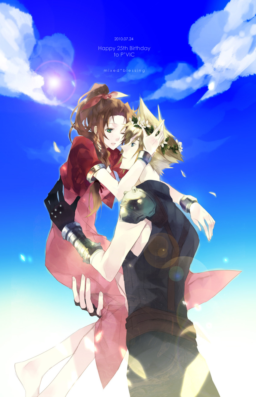 1boy 1girl aerith_gainsborough bangle bangs barefoot belt blonde_hair blue_eyes blue_pants blue_shirt bracelet breasts brown_hair carrying carrying_person cloud_strife couple cropped_jacket dress falling_petals final_fantasy final_fantasy_vii fingerless_gloves gloves green_eyes hair_ribbon head_wreath highres jacket jewelry long_dress long_hair looking_at_another medium_breasts omix one_eye_closed outdoors pants parted_bangs parted_lips petals pink_dress pink_ribbon red_jacket ribbon shirt short_hair short_sleeves sidelocks sleeveless sleeveless_turtleneck spiky_hair suspenders turtleneck