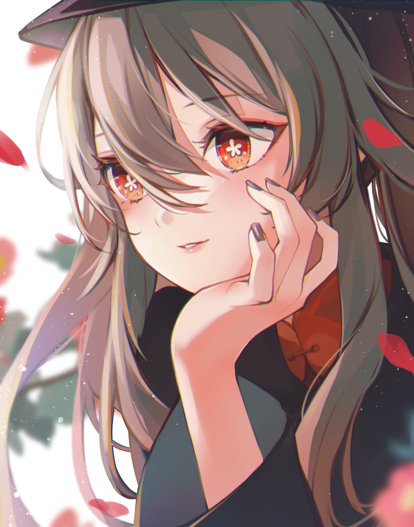 1girl 7aka_ne11 bangs black_nails blurry blurry_background bright_pupils brown_coat brown_hair coat commentary_request flower flower-shaped_pupils genshin_impact hair_between_eyes hand_on_own_cheek hand_on_own_face hat highres hu_tao_(genshin_impact) lips long_hair long_sleeves nail_polish parted_lips petals porkpie_hat red_eyes smile solo symbol-shaped_pupils upper_body white_pupils