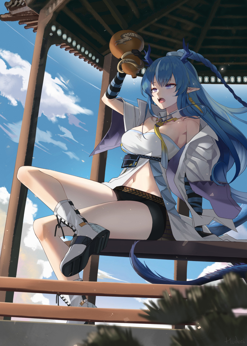 1girl absurdres ankle_boots arknights bangs bare_shoulders beruko14 blue_eyes blue_hair boots breasts detached_collar dragon_girl dragon_horns dragon_tail full_body highres horns jug large_breasts ling_(arknights) long_hair long_sleeves navel necktie off_shoulder open_mouth pavilion pointy_ears sitting solo tail thighs white_footwear yellow_necktie