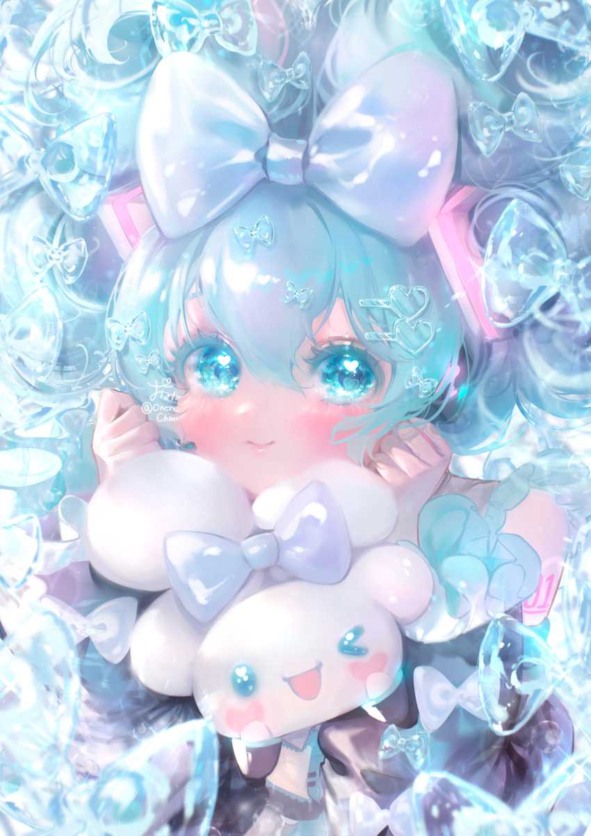 1girl :d absurdres aqua_eyes aqua_hair bangs black_sleeves blue_shirt blush body_writing bow cinnamiku cinnamoroll closed_mouth commentary_request frilled_sleeves frills hair_bow hair_ornament hands_up hatsune_miku heart heart_hair_ornament highres looking_at_viewer onene sanrio shirt signature smile tied_ears twitter_username updo upper_body vocaloid wings