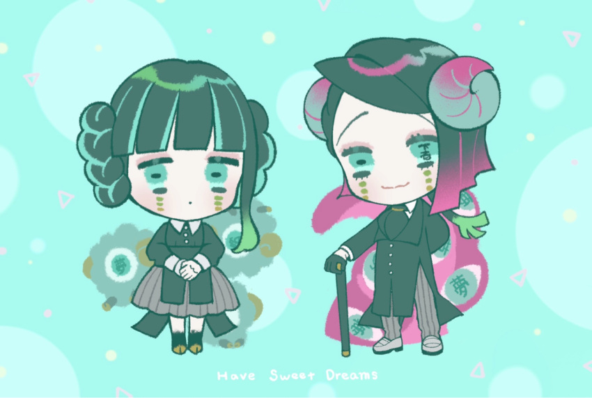 1boy 1girl :3 :o aqua_background arm_behind_back ascot bangs black_ascot black_coat black_gloves black_hair blunt_bangs braid braid_girl_(enmu's_recruits) braided_bun cane chibi closed_mouth coat double_bun enmu_(kimetsu_no_yaiba) extra_eyes facial_mark gloves green_hair grey_footwear grey_pants grey_skirt hair_bun hair_over_shoulder highres holding holding_cane hooves horizontal_pupils horns kimetsu_no_yaiba long_hair long_sleeves looking_at_viewer matching_outfit mihashi_(re4_glo) mismatched_pupils monsterification multicolored_hair outstretched_arm own_hands_together pants pink_hair sheep sheep_boy sheep_girl sheep_horns short_hair_with_long_locks sidelocks skirt smile standing streaked_hair text_in_eyes twin_braids