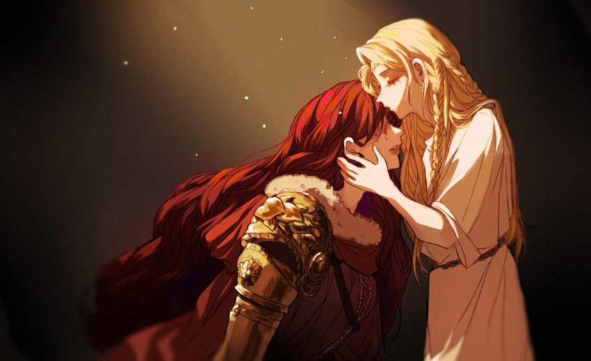 1boy 1girl androgynous belt blonde_hair braid brother_and_sister brown_background cape chinese_commentary circlet closed_eyes commentary_request dress elden_ring from_side fur-trimmed_cape fur_trim gradient gradient_background hand_on_another's_face highres kiss kissing_forehead long_hair malenia_blade_of_miquella mechanical_arms mechanical_legs miquella_(elden_ring) parted_lips profile prosthesis prosthetic_arm red_cape redhead scar scar_on_face siblings side_braids single_mechanical_leg standing twin_braids upper_body wavy_hair white_dress xuancheng