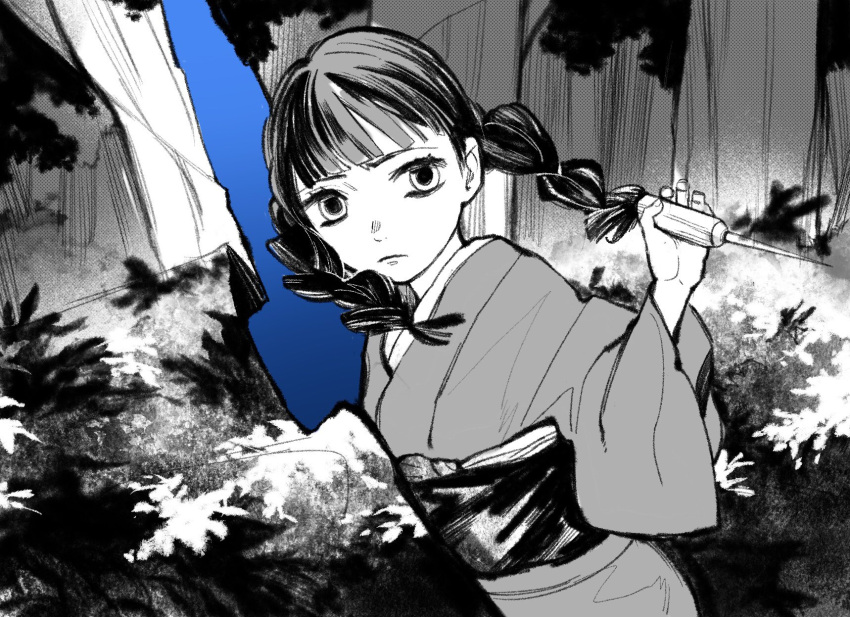 1girl bangs blunt_bangs braid braid_girl_(enmu's_recruits) floating_hair forest frown hair_over_shoulder hand_up highres holding holding_weapon japanese_clothes kimetsu_no_yaiba kimono long_hair long_sleeves looking_at_viewer mihashi_(re4_glo) monochrome nature obi portal_(object) sash solo spot_color twin_braids upper_body weapon wide_sleeves