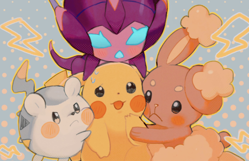 :&lt; abe_(kumayu) blush blush_stickers buneary closed_mouth commentary_request frown grey_background highres jealous on_head open_mouth pikachu poipole pokemon pokemon_(creature) pokemon_on_head polka_dot polka_dot_background sweat togedemaru ultra_beast