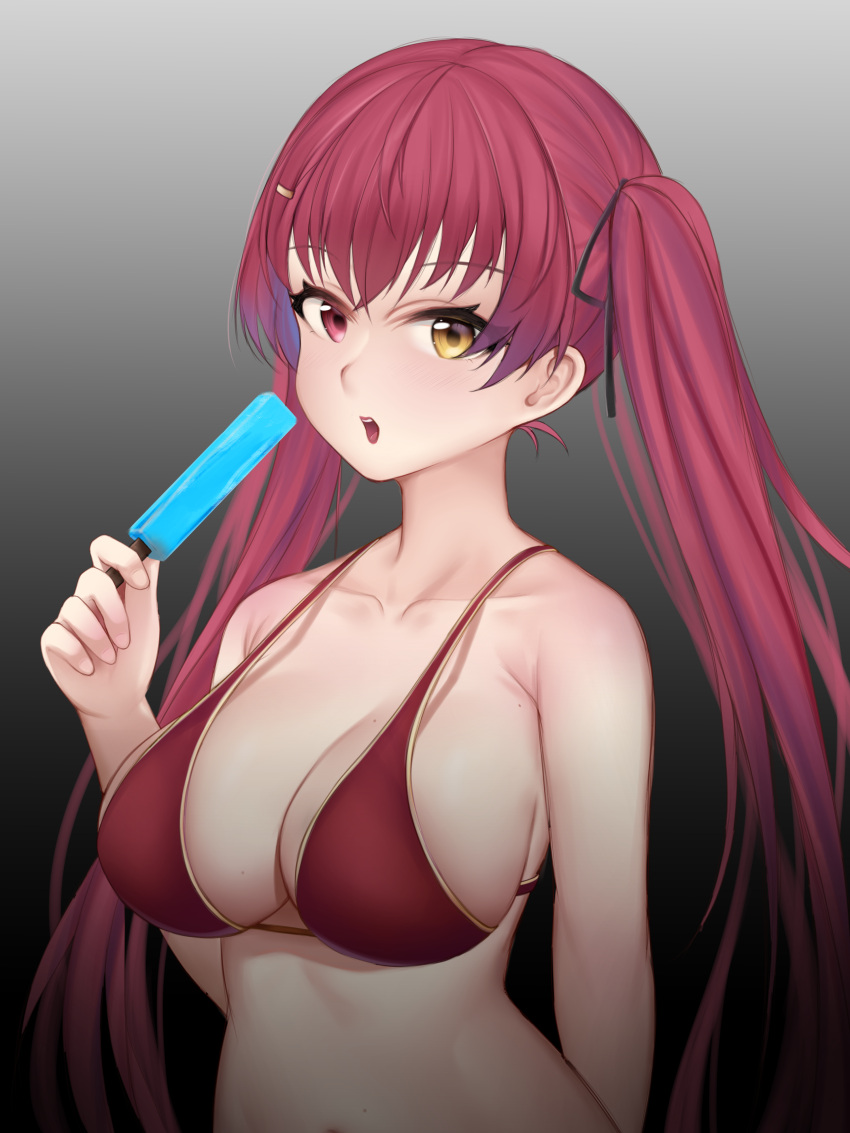 1girl absurdres bikini black_ribbon breasts hair_ribbon high_ponytail highres hololive houshou_marine large_breasts lolinnez. long_hair looking_at_viewer open_mouth red_eyes redhead ribbon solo swimsuit twintails very_long_hair virtual_youtuber yellow_eyes