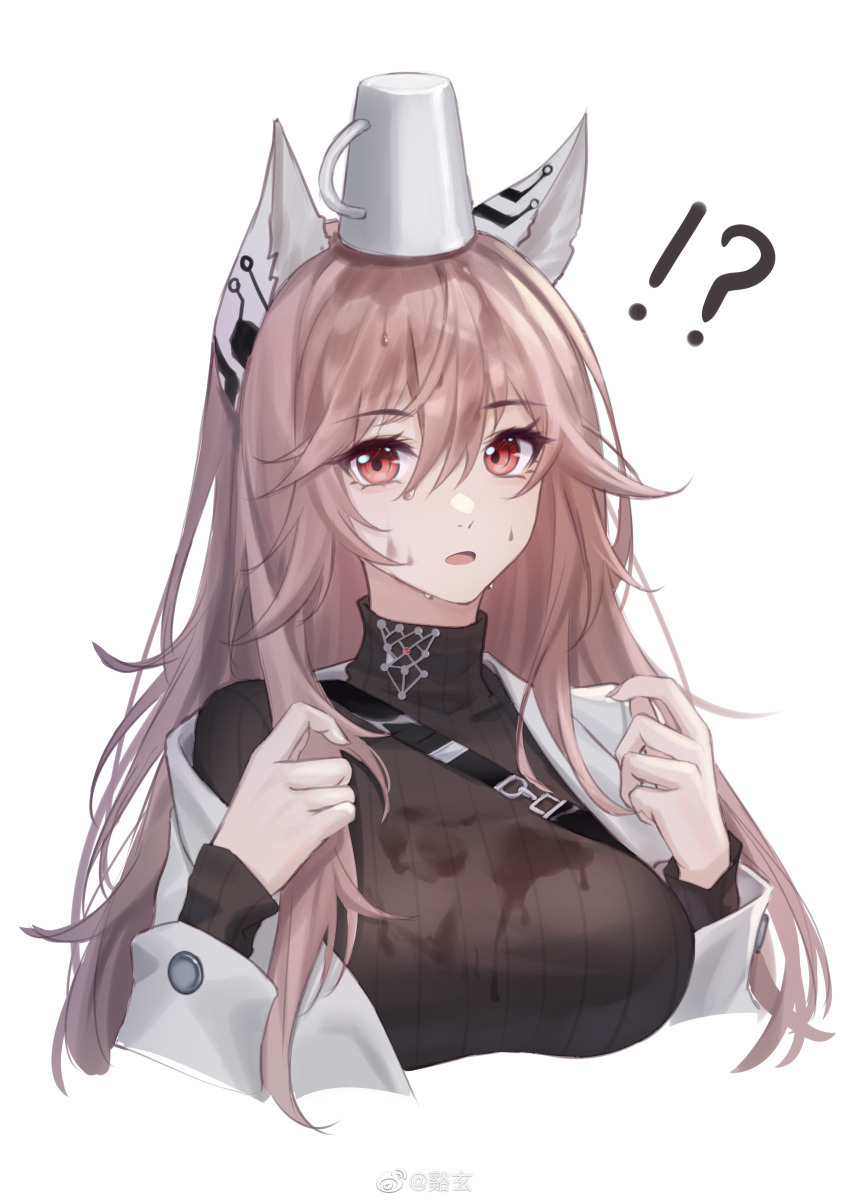 !? 1girl absurdres animal_ears breasts brown_hair coffee_mug commentary_request cup cup_on_head dripping girls'_frontline_neural_cloud girls_frontline hair_between_eyes highres kirby_d_a labcoat large_breasts long_hair long_sleeves looking_at_viewer mug off_shoulder open_mouth persicaria_(girls'_frontline_nc) red_eyes ribbed_shirt shirt simple_background solo spill turtleneck upper_body weibo_username wet wet_clothes wet_hair white_background