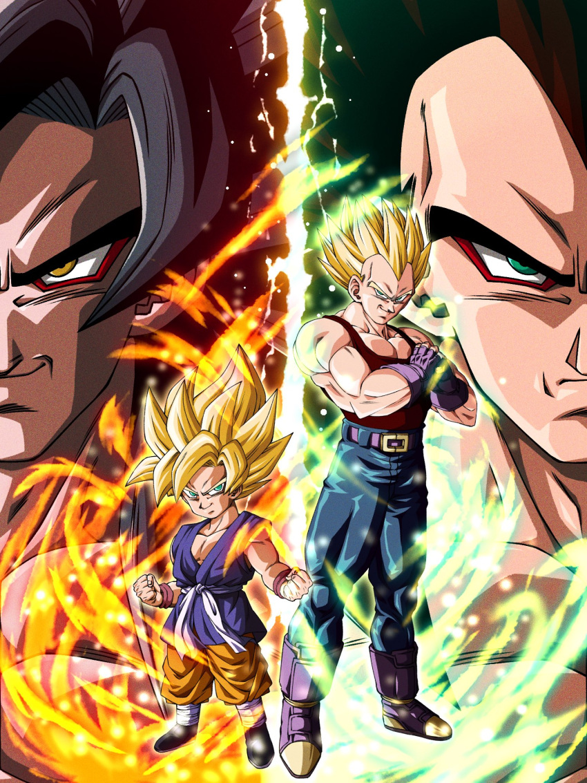 2boys age_difference black_hair blonde_hair blue_eyes boots brown_hair denim dougi dragon_ball dragon_ball_gt fingerless_gloves gloves green_eyes highres jeans monkey_boy multiple_boys pants purple_footwear size_difference smirk son_goku super_saiyan super_saiyan_4 tank_top vegeta wai_(y48754085) yellow_eyes yellow_pants younger