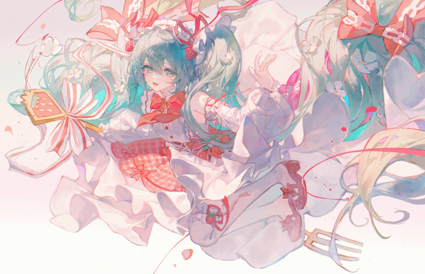 1girl absurdres alternate_costume aqua_eyes aqua_hair armpits bangs bow bowtie commentary detached_sleeves dress floating food food-themed_hair_ornament fork frilled_socks frills fruit full_body hair_ornament hairband hatsune_miku headdress highres holding holding_wand kneehighs light_blush long_hair looking_at_viewer maccha_(mochancc) open_mouth outstretched_arms oversized_object red_bow red_footwear sleeveless sleeveless_dress smile socks solo strawberry strawberry_hair_ornament strawberry_miku_(morikura) twintails very_long_hair vocaloid wand white_background white_dress white_socks