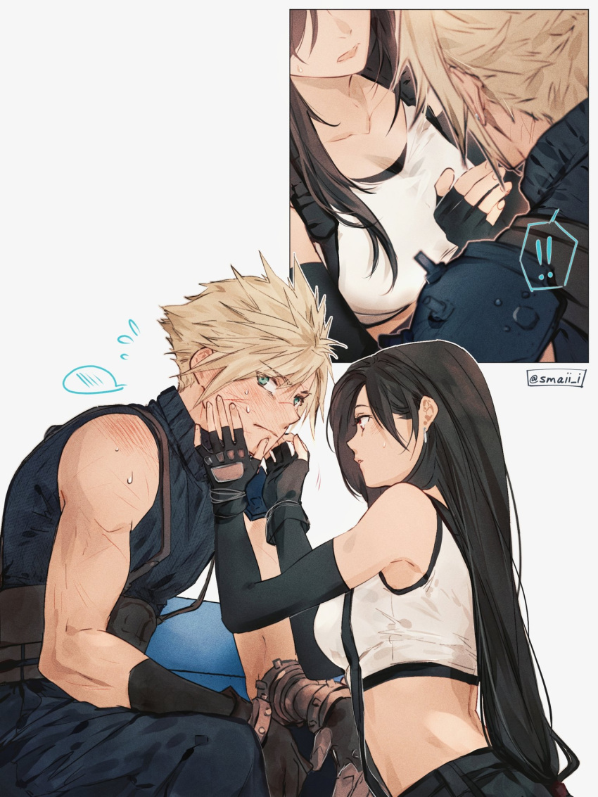 ! !! 1boy 1girl bare_shoulders black_hair blonde_hair blue_eyes blush breasts bruise bruise_on_face cloud_strife crop_top ear_blush earrings embarrassed final_fantasy final_fantasy_vii final_fantasy_vii_remake fingerless_gloves gloves hands_on_another's_face highres injury jewelry large_breasts long_hair looking_at_another maiii_(smaii_i) red_eyes simple_background sitting skirt sleeveless sleeveless_turtleneck spiky_hair suspender_skirt suspenders sweat sweater tank_top tifa_lockhart turtleneck turtleneck_sweater white_tank_top