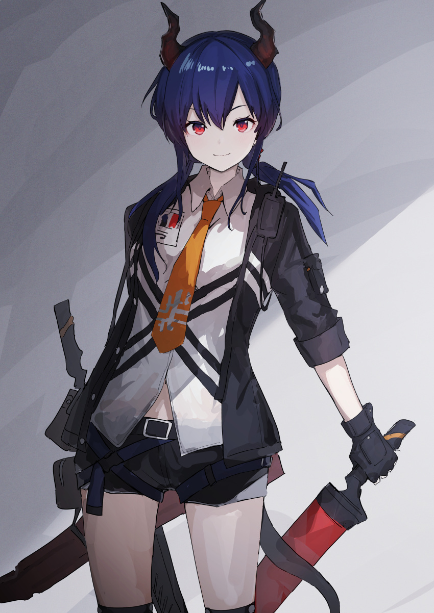 1girl absurdres arknights belt black_jacket blue_hair ch'en_(arknights) fingerless_gloves gloves highres holding holding_sword holding_weapon horns jacket low_twintails necktie red_eyes shiratakiseaice shorts sword tail twintails walkie-talkie weapon