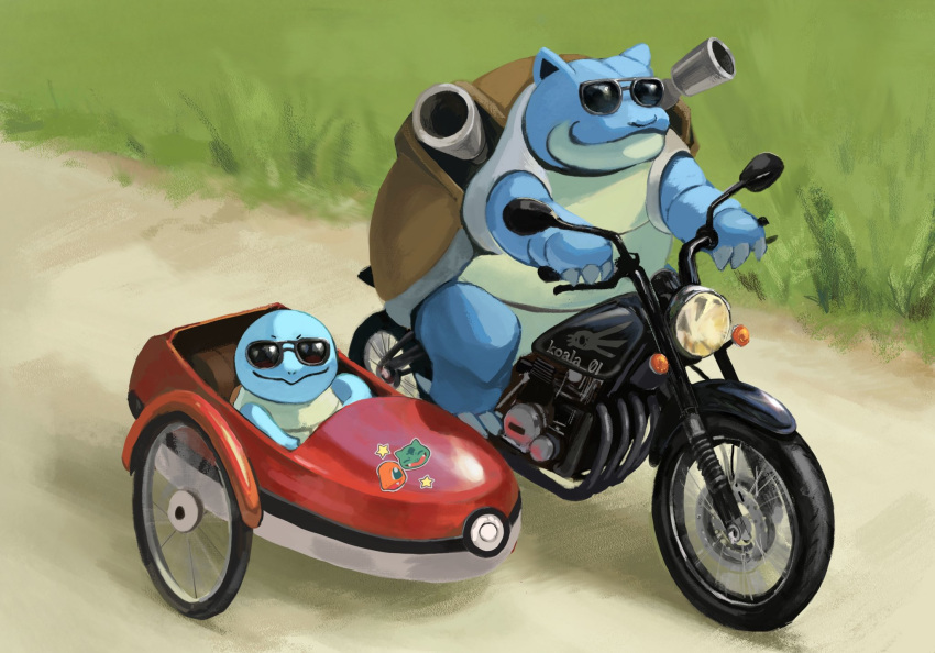 blastoise bulbasaur character_print charmander claws closed_mouth commentary day grass ground_vehicle highres holding koala_0l looking_at_viewer motor_vehicle motorcycle no_humans outdoors pokemon pokemon_(creature) sidecar sitting smile squirtle sticker sunglasses symbol-only_commentary wheel