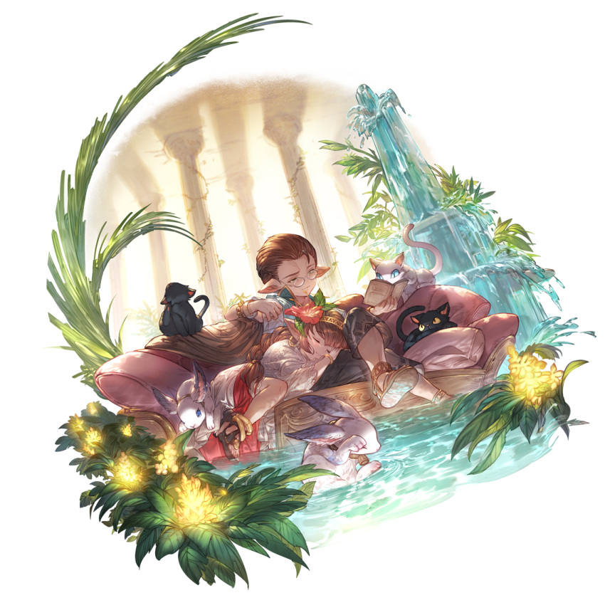 1boy 1girl alternate_costume black_cat book braid brother_and_sister brown_eyes brown_hair cat collar couch earrings flower fountain glasses granblue_fantasy haaselia hair_flower hair_ornament hair_slicked_back harvin hoop_earrings jewelry judgement_(granblue_fantasy) katzelia leaf multiple_cats official_art on_head pillar pointy_ears ponytail rabbit reading siblings sleeping the_moon_(granblue_fantasy) water