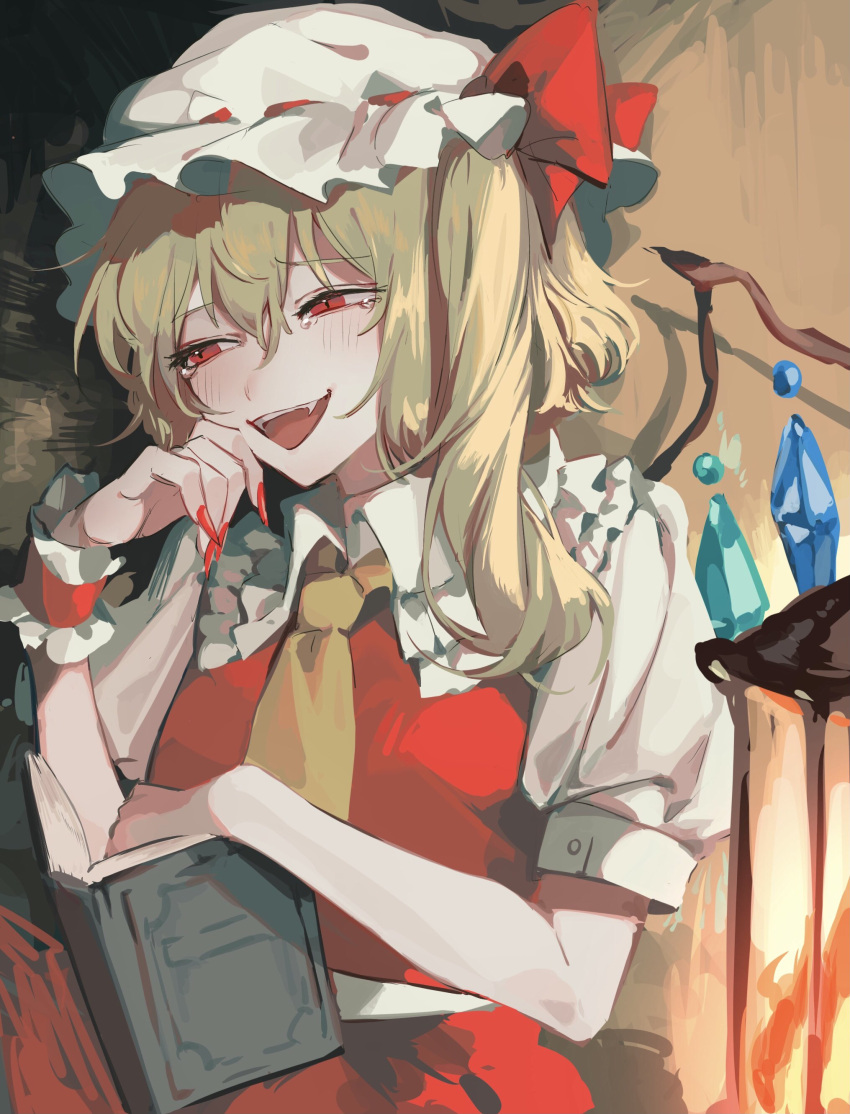 1girl :d absurdres ascot blonde_hair book flandre_scarlet half-closed_eyes hat highres looking_to_the_side mob_cap nail_polish open_book red_eyes red_nails red_vest short_sleeves smile solo tearing_up touhou vest white_headwear wings yanfei_u yellow_ascot