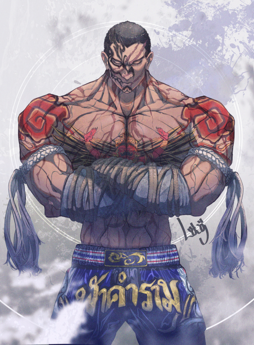1boy absurdres bare_shoulders black_hair chest_tattoo closed_eyes closed_mouth collarbone crossed_arms facial_tattoo fahkumram film_grain highres lag_(wo76_a) male_focus muay_thai muscular muscular_male rope scar scar_on_face shoulder_tattoo signature smoke solo solo_focus tattoo tekken tekken_7 topless_male veins veiny_arms