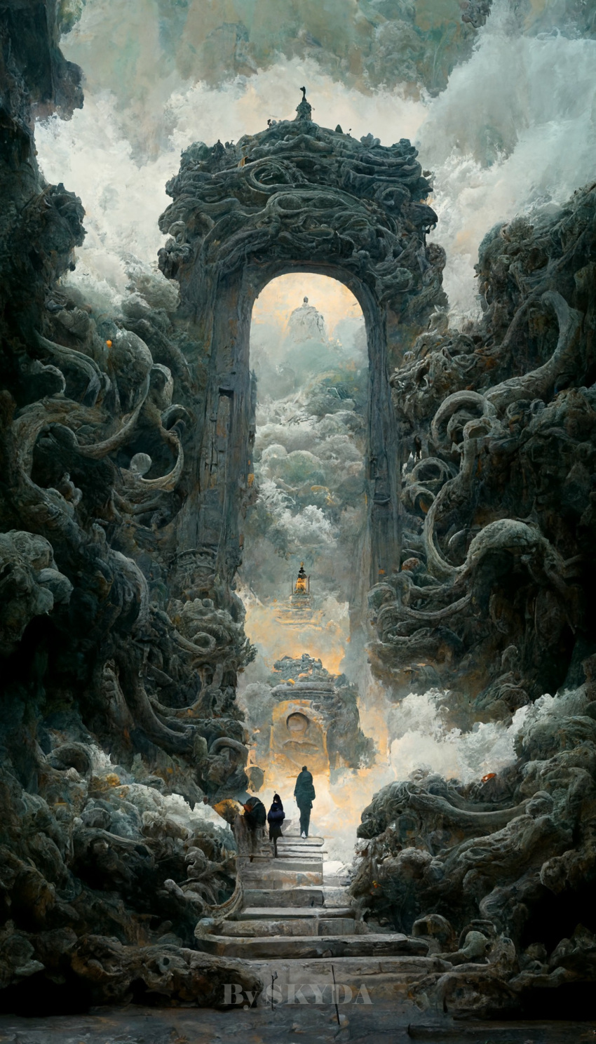 3others absurdres artist_name chinese_commentary clouds commentary_request cthulhu_mythos fog gate highres lord_of_the_mysteries multiple_others sky skyda stairs tentacles watermark