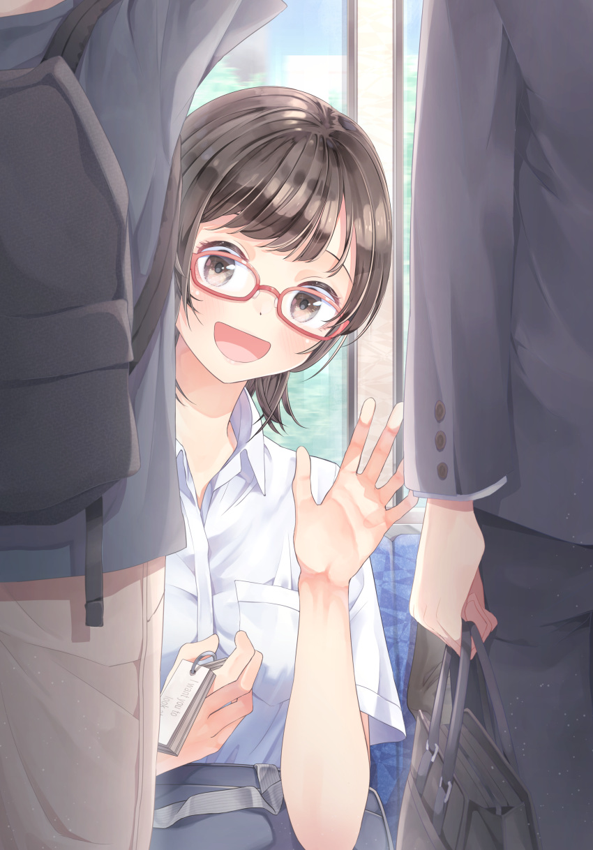 12_graka 1girl :d absurdres backpack bag black_hair black_pants brown_eyes brown_pants gakuran glasses highres keyring looking_at_viewer original pants pink-framed_eyewear school_bag school_uniform short_hair sitting smile solo_focus train_interior waving