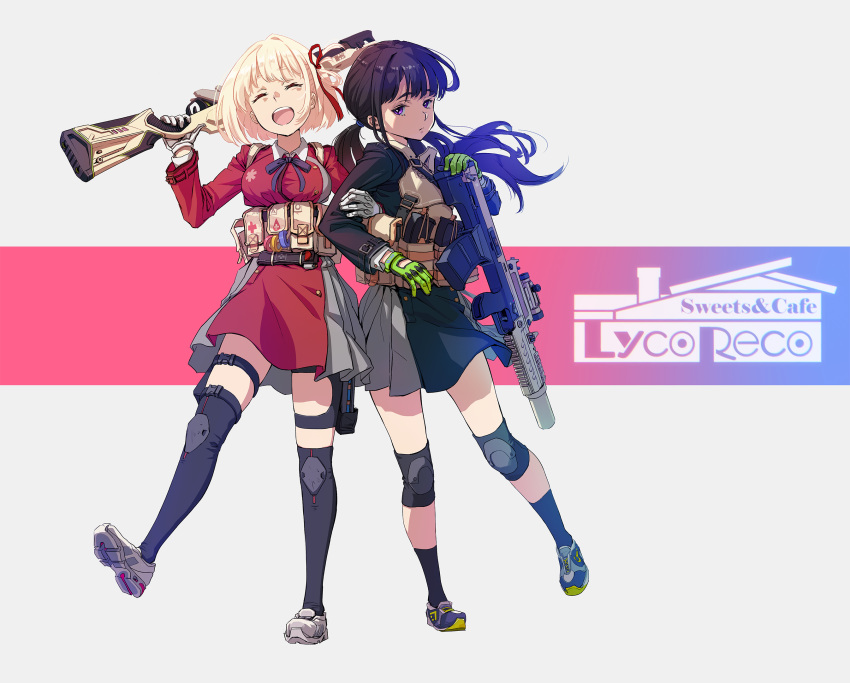 2girls black_hair breasts closed_eyes copyright_name full_body gloves grey_background gun highres holding holding_gun holding_weapon inoue_takina knee_pads large_breasts locked_arms long_hair lycoris_recoil multiple_girls nishikigi_chisato open_mouth pouch ribbon rifle school_uniform shoes short_hair simple_background skirt smile sneakers tactical_clothes thigh-highs torm819 twintails unamused violet_eyes weapon