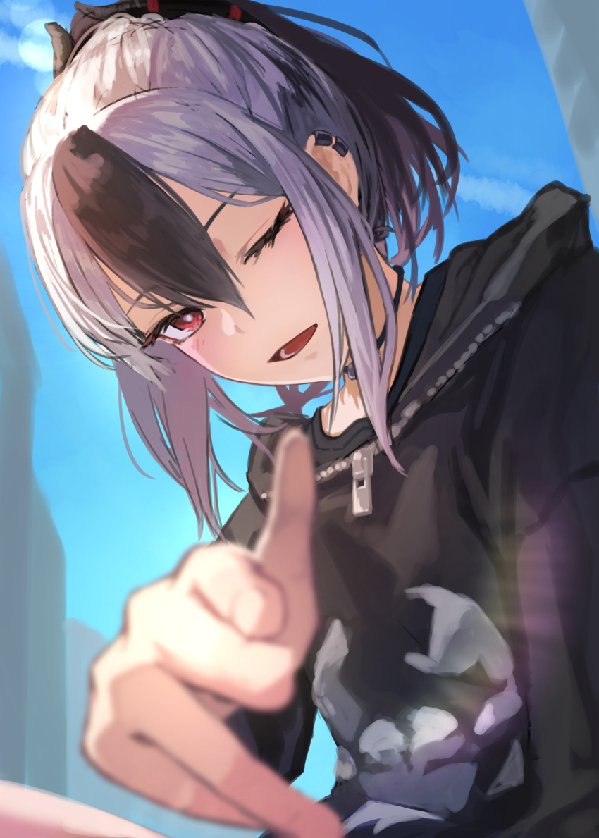 1girl absurdres black_hair black_hoodie black_shirt blue_archive blurry blush choker depth_of_field ear_bar grey_hair highres hood hoodie horns kayoko_(blue_archive) kuro_shiraga lens_flare long_sleeves medium_hair multicolored_hair one_eye_closed open_mouth outdoors pointing pointing_at_viewer ponytail reaching_out red_eyes shirt sidelocks solo two-tone_hair upper_body