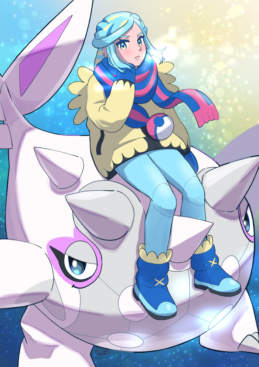 1boy absurdres aqua_eyes aqua_hair blue_footwear blue_mittens blue_scarf blush boots breath cetitan commentary_request grusha_(pokemon) hand_up highres jacket long_sleeves looking_at_viewer male_focus pants parted_lips poke_ball_print pokemon pokemon_(game) pokemon_sv riding riding_pokemon scarf sitting spikes tonayon yellow_jacket