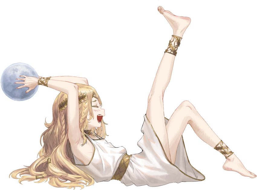 1boy agemmata anklet armpits arms_up barefoot blonde_hair braid choker circlet closed_eyes closed_mouth dress elden_ring fingernails gold_choker highres holding jewelry laughing laurel_crown leg_up long_hair lying male_focus miquella_(elden_ring) moon on_back pink_nails simple_background smile solo teeth tongue white_background white_dress