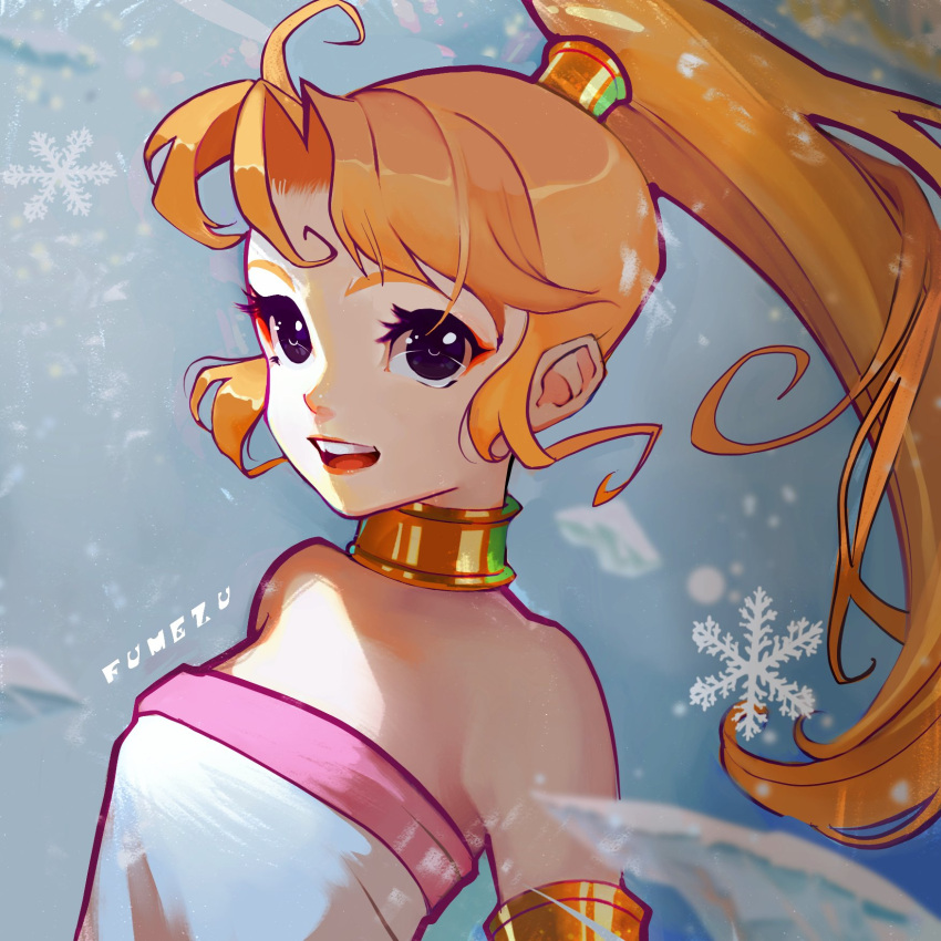 1girl armlet artist_name bangs bare_shoulders breasts chrono_trigger dress fumezu1 grey_background high_ponytail highres long_hair looking_at_viewer marle_(chrono_trigger) neck_ribbon open_mouth orange_hair parted_bangs portrait ribbon sidelocks small_breasts smile snowflakes solo strapless strapless_dress teeth tube_dress upper_body upper_teeth white_dress