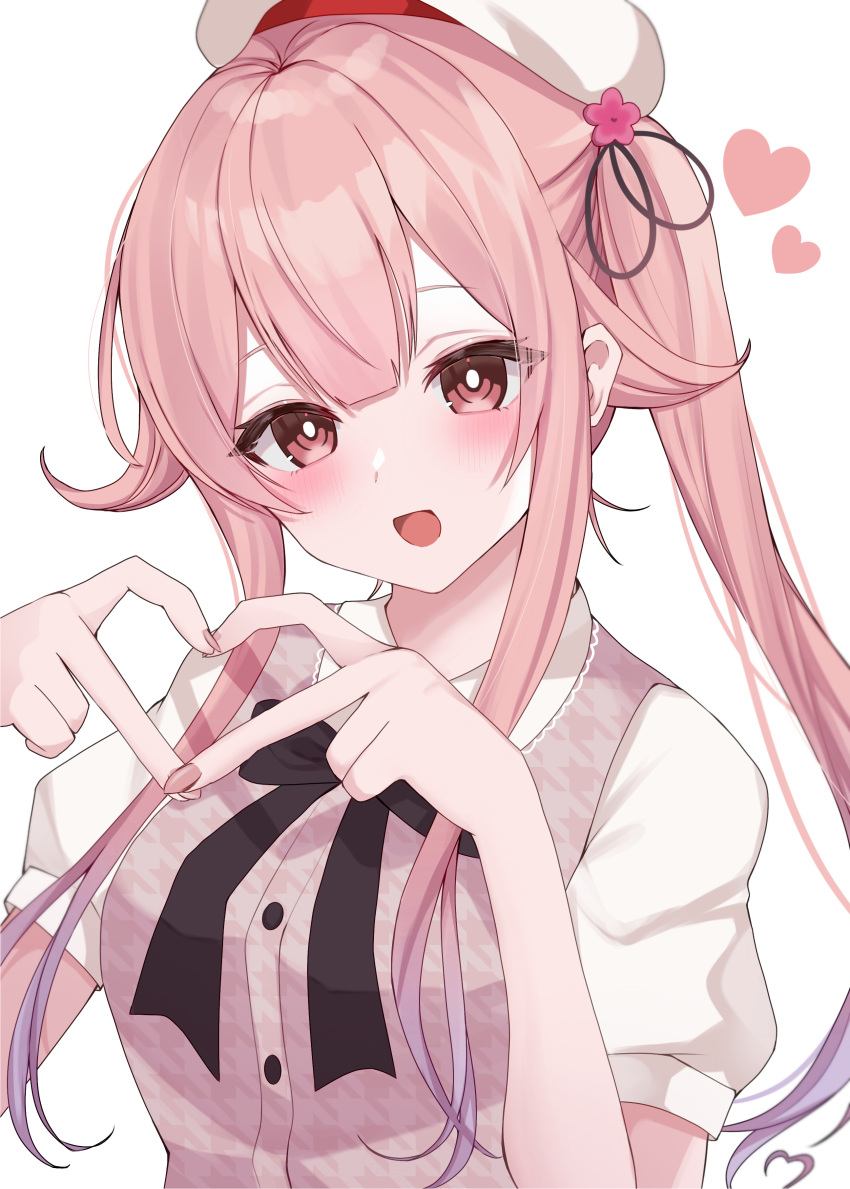 1girl absurdres beret black_ribbon blush buttons dress gradient_hair hair_between_eyes hair_ribbon harusame_(kancolle) hat heart heart_hands highres kantai_collection long_hair multicolored_hair official_alternate_costume open_mouth pink_dress pink_eyes pink_hair puffy_short_sleeves puffy_sleeves ribbon short_sleeves side_ponytail smile solo upper_body white_headwear yoshino_(mfmfpng)