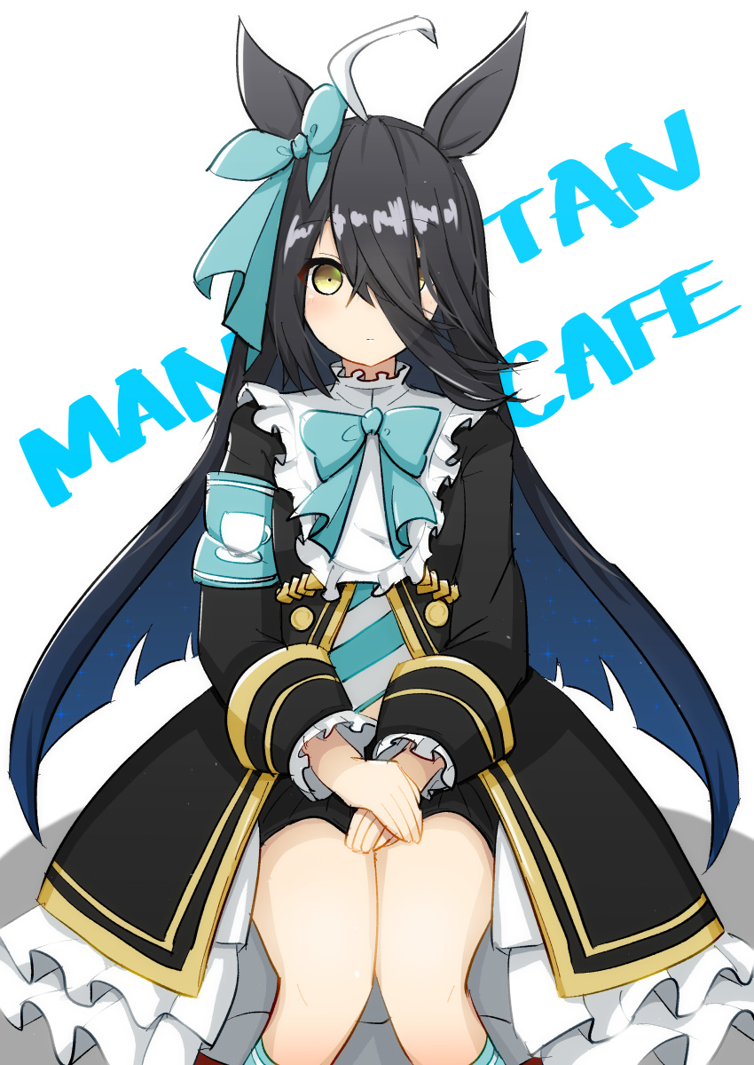 1girl absurdres ahoge amatuki0930 animal_ears armband bangs black_coat black_hair black_skirt character_name closed_mouth coat cosplay ear_bow feet_out_of_frame hair_over_one_eye highres horse_ears long_hair long_sleeves manhattan_cafe_(umamusume) mejiro_mcqueen_(umamusume) mejiro_mcqueen_(umamusume)_(cosplay) miniskirt multicolored_hair own_hands_together shirt sitting skirt solo streaked_hair striped striped_shirt umamusume yellow_eyes