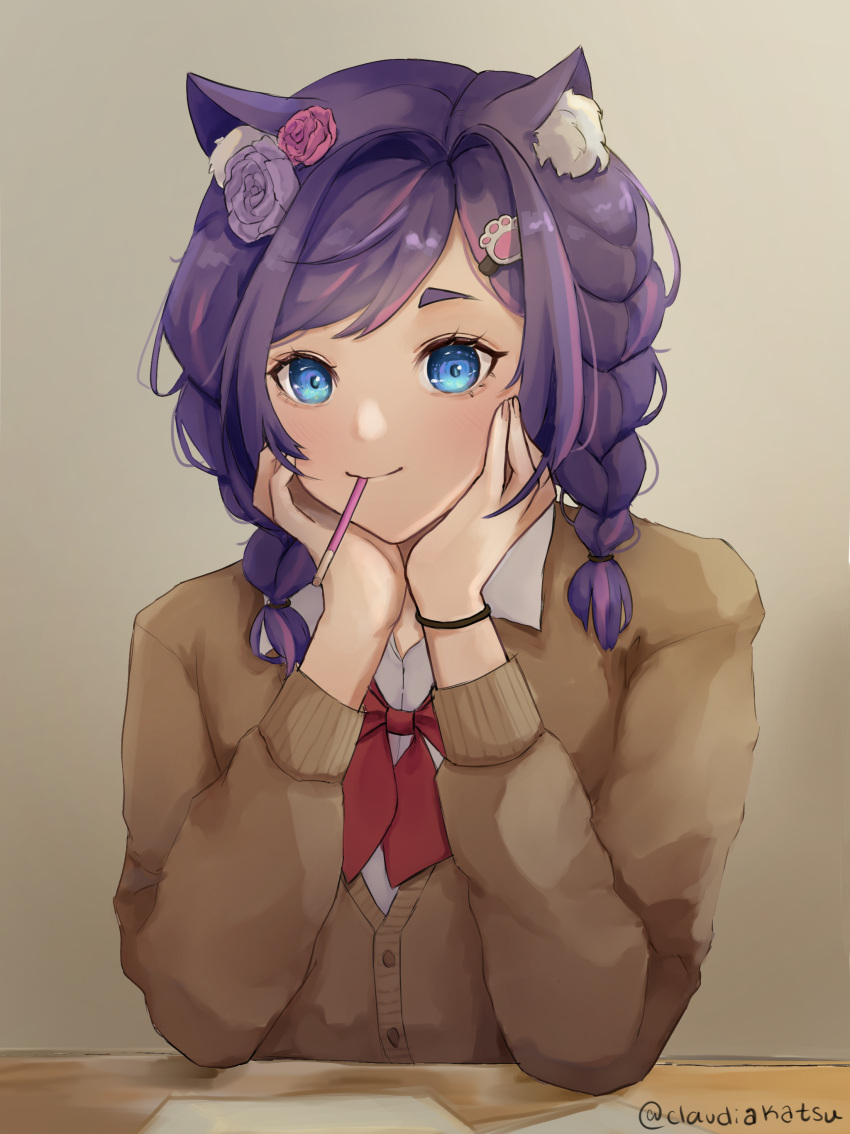 1girl absurdres animal_ears arms_up blue_eyes bow braid cardigan cat_ears cat_girl claudia_katsumoto claudia_katsumoto_(artist) collared_shirt commentary desk eating english_commentary flower food french_braid hair_flower hair_ornament hairclip head_rest highres paper paw_hair_ornament pocky purple_hair school_uniform scrunchie shirt solo strawberry_pocky thick_eyebrows tomopulse virtual_youtuber