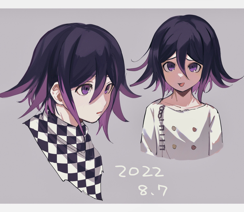 2boys :d :o bangs black_hair bojue_(hakus_1128) buttons checkered_clothes checkered_scarf commentary danganronpa_(series) danganronpa_v3:_killing_harmony dated double-breasted flipped_hair grey_background hair_between_eyes highres male_focus multicolored_hair multiple_boys open_mouth ouma_kokichi pink_eyes pink_hair scarf short_hair smile symbol-only_commentary two-tone_background two-tone_hair
