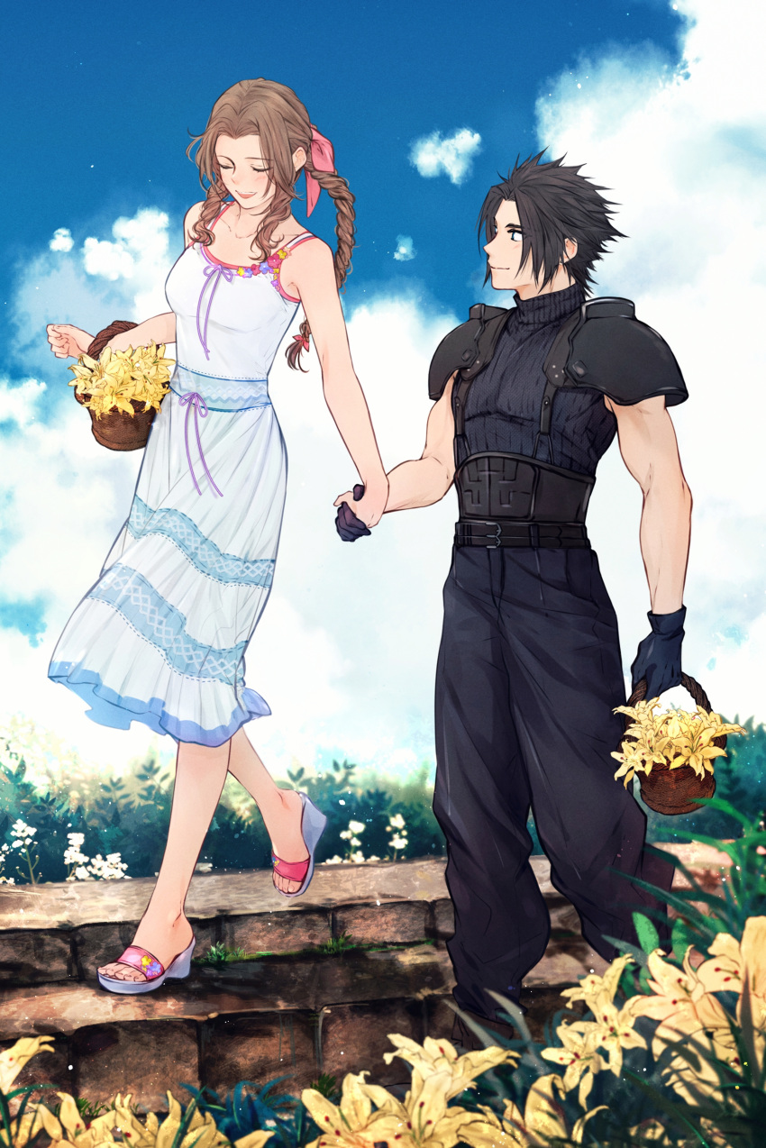 1boy 1girl absurdres aerith_gainsborough armor bare_shoulders basket black_hair blue_eyes blue_sky blush braid braided_ponytail brown_hair clouds cloudy_sky couple crisis_core_final_fantasy_vii dress earrings english_commentary final_fantasy final_fantasy_vii final_fantasy_vii_remake flower flower_basket full_body gloves highres holding holding_basket holding_hands jewelry long_hair looking_at_another maiii_(smaii_i) pink_ribbon ribbon sandals shoulder_armor sky sleeveless sleeveless_dress sleeveless_turtleneck spiky_hair sweater turtleneck turtleneck_sweater walking zack_fair