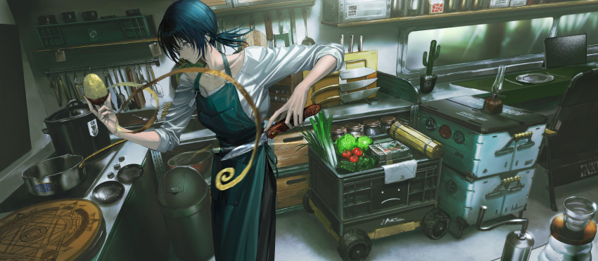 1girl apron bangs black_pants blue_hair bowl cactus cart chair character_request check_character check_copyright collarbone commentary constricted_pupils container cooking_pot cooler copyright_request day dutch_angle eye_trail feet_out_of_frame food from_side green_apron green_eyes green_pepper highres holding holding_food holding_knife indoors infukun jar kitchen kitchen_knife knife lettuce looking_ahead low_ponytail original pants peeling pepper plate potato ringed_eyes shelf shirt short_hair short_ponytail solo spoon spring_onion standing stove symbol-only_commentary tomato trash_can whisk white_shirt wide-eyed window