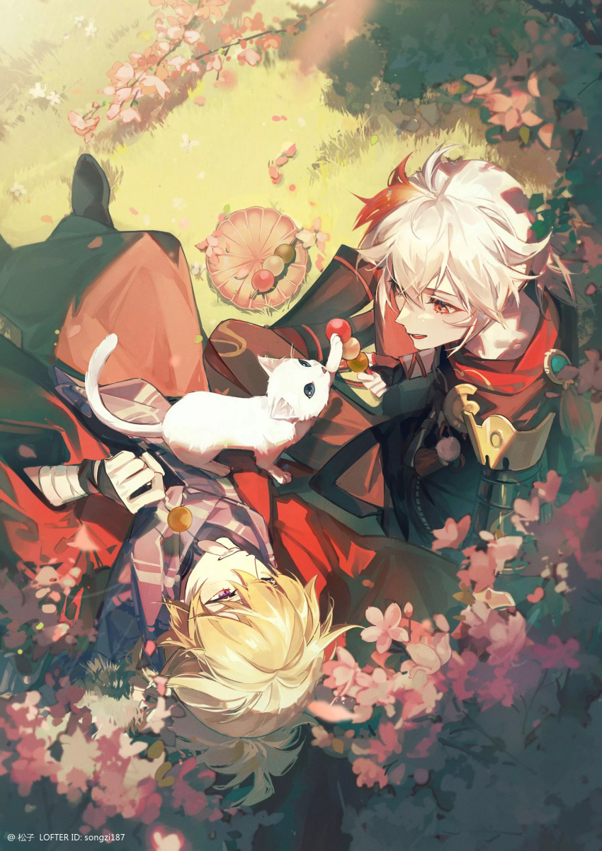2boys absurdres antenna_hair armor artist_name bandaged_hand bandages bangs black_gloves black_scarf blue_scarf branch cat cherry_blossoms crossed_bangs dango day falling_petals fingerless_gloves food from_above full_body genshin_impact gloves grass hair_between_eyes hakama hakama_shorts hand_up high_ponytail highres holding holding_food jacket japanese_armor japanese_clothes kaedehara_kazuha kazuha's_friend_(genshin_impact) kimono light_brown_hair lofter_username long_sleeves looking_at_another low_ponytail male_focus medium_hair mouth_hold multicolored_hair multiple_boys on_ground open_mouth outdoors petals plaid plaid_scarf plate ponytail red_eyes red_jacket red_scarf redhead sanshoku_dango scarf shorts shoulder_armor sidelocks sitting smile sode songzi187 streaked_hair teeth tree violet_eyes vision_(genshin_impact) wagashi white_cat white_hair wide_sleeves