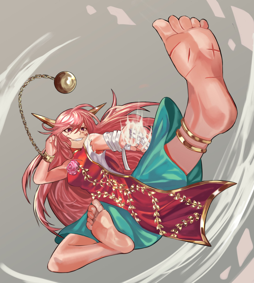 1girl absurdres arms_up ball bandaged_arm bandages bangs bare_shoulders barefoot breasts chain closed_mouth flower flying gold gold_chain green_skirt grey_background hair_between_eyes hands_up highres horns ibaraki ibaraki_douji_(touhou) ibaraki_kasen jewelry leaf legs_up long_hair looking_to_the_side medium_breasts pink_flower pink_hair pink_rose red_eyes reki_(user_rcrd4534) rose shirt simple_background skirt sleeveless sleeveless_shirt smile soles solo teeth touhou white_shirt