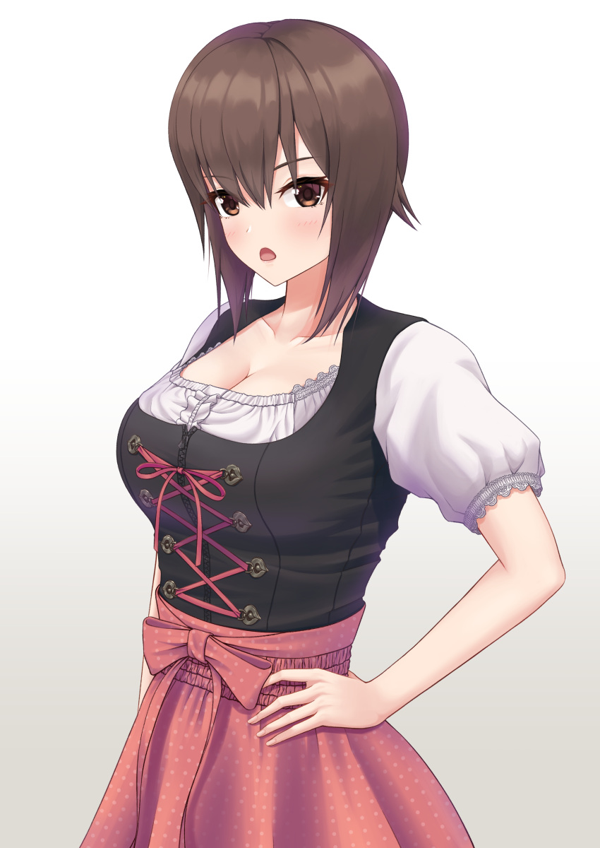 1girl absurdres bangs black_shirt blush brown_eyes brown_hair commentary dirndl frilled_sleeves frills frown german_clothes girls_und_panzer gradient gradient_background grey_background hand_on_hip highres lace-up looking_at_viewer nishizumi_maho open_mouth prefecture54 puffy_short_sleeves puffy_sleeves red_skirt shirt short_hair short_sleeves skirt solo standing