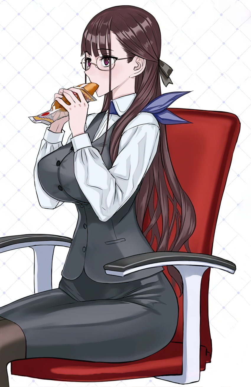 1girl bread breasts chair eating fate/grand_order fate_(series) food highres honjou_raita large_breasts long_hair murasaki_shikibu_(fate) murasaki_shikibu_(good_job!)_(fate) non-web_source office_lady pantyhose violet_eyes white_background