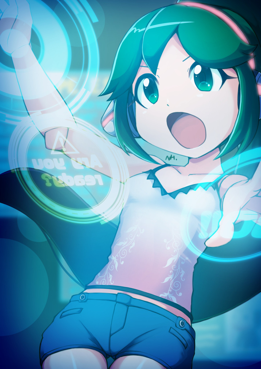 1girl :o absurdres android bangs bare_arms bare_shoulders blue_shorts blush camisole charu_(saru_getchu) denim denim_shorts green_eyes green_hair highres joints long_hair open_mouth ponytail robot_ears robot_joints saru_getchu shorts solo supure647 tank_top