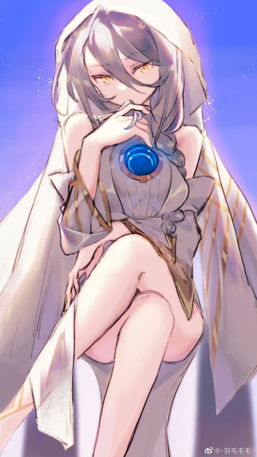 1girl bare_shoulders blue_background braid chinese_commentary commentary_request covering_mouth crossed_legs dress feet_out_of_frame genderswap genderswap_(mtf) girls'_frontline_neural_cloud girls_frontline gradient gradient_background grey_hair hair_between_eyes hair_ornament hair_over_shoulder highres hole_in_chest hole_on_body legs long_hair looking_at_viewer lord_eosphoros_(girls'_frontline_nc) sanctifiers_(girls'_frontline_nc) solo spoilers veil weibo_username white_dress yellow_eyes yumaomaomao