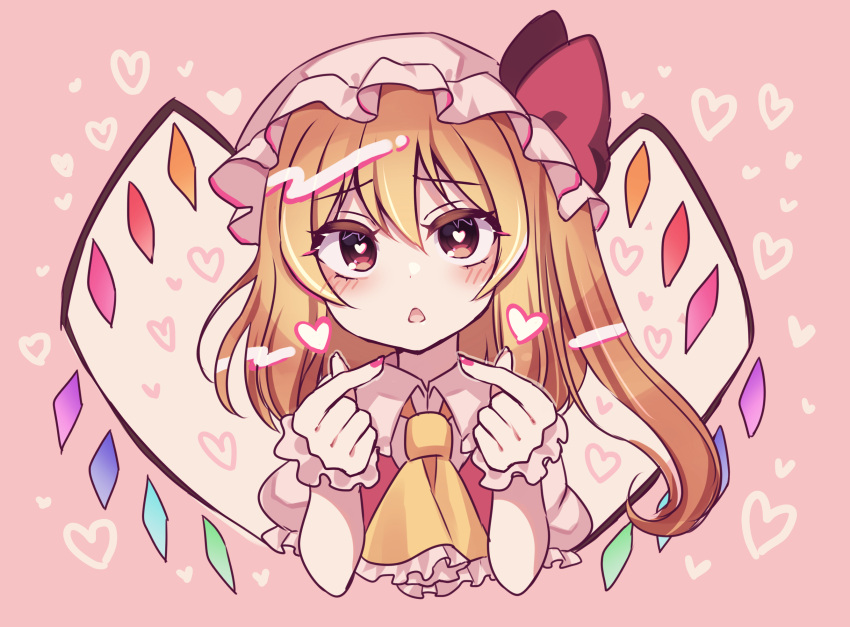 1girl ascot bangs blonde_hair cropped_torso crystal flandre_scarlet hat hat_ribbon heart heart-shaped_pupils highres looking_at_viewer medium_hair mob_cap one_side_up open_clothes pink_background rainbow_order red_eyes red_nails red_ribbon ribbon short_sleeves solo subaru_(subachoco) symbol-shaped_pupils touhou white_headwear wings wrist_cuffs yellow_ascot