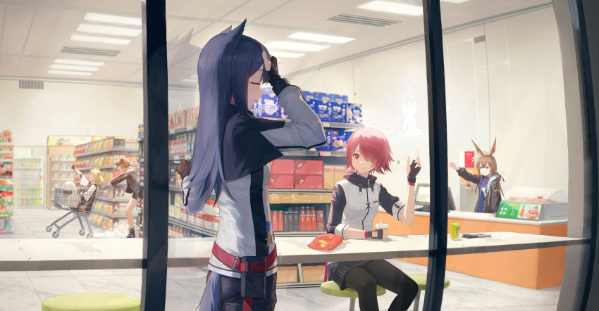 5girls absurdres amiya_(arknights) animal_ears arknights bar_stool black_hair black_jacket black_thighhighs blonde_hair blue_eyes brown_hair cashier chinese_commentary closed_eyes commentary_request convenience_store croissant_(arknights) cup disposable_cup drink exusiai_(arknights) facepalm halo hand_on_own_forehead highres holding holding_drink horns jacket long_hair long_sleeves multiple_girls open_clothes orange_hair pushing pushing_cart rabbit_ears red_eyes redhead shadow shop shopping_cart short_hair sitting snack sora_(arknights) stool texas_(arknights) thigh-highs wolf_ears yidie